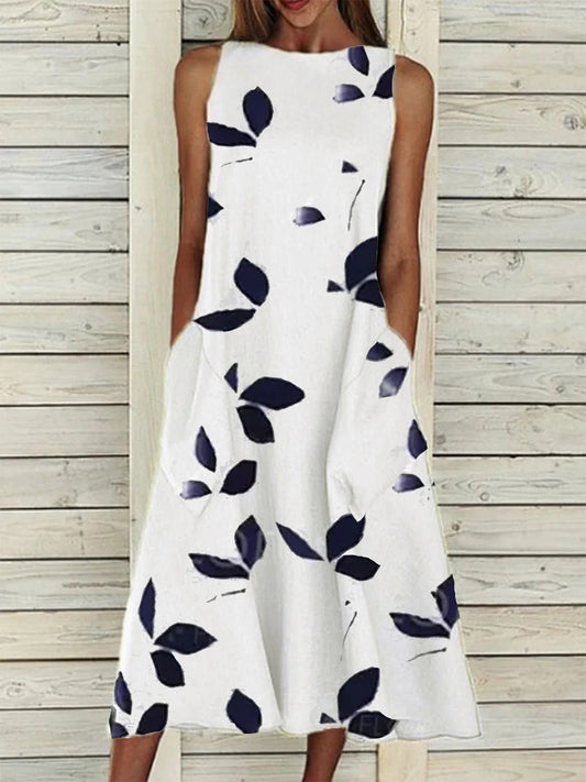 Women's Dresses Leaf Print Crew Neck Sleeveless Dress - Maxi Dresses - Instastyled | Online Fashion Free Shipping Clothing, Dresses, Tops, Shoes - 28/03/2022 - 30-40 - color-blue