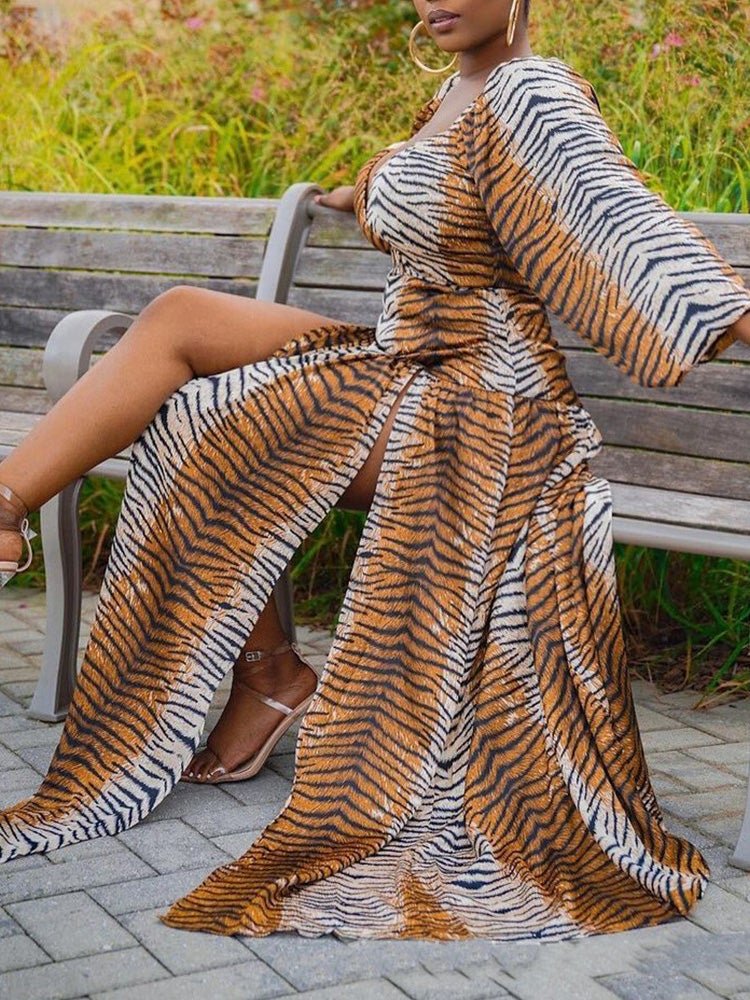 Women's Dresses Leopard Print Deep V Neck Long Sleeve Slit Dress - Maxi Dresses - Instastyled | Online Fashion Free Shipping Clothing, Dresses, Tops, Shoes - 15/01/2022 - color-brown - Color_Brown