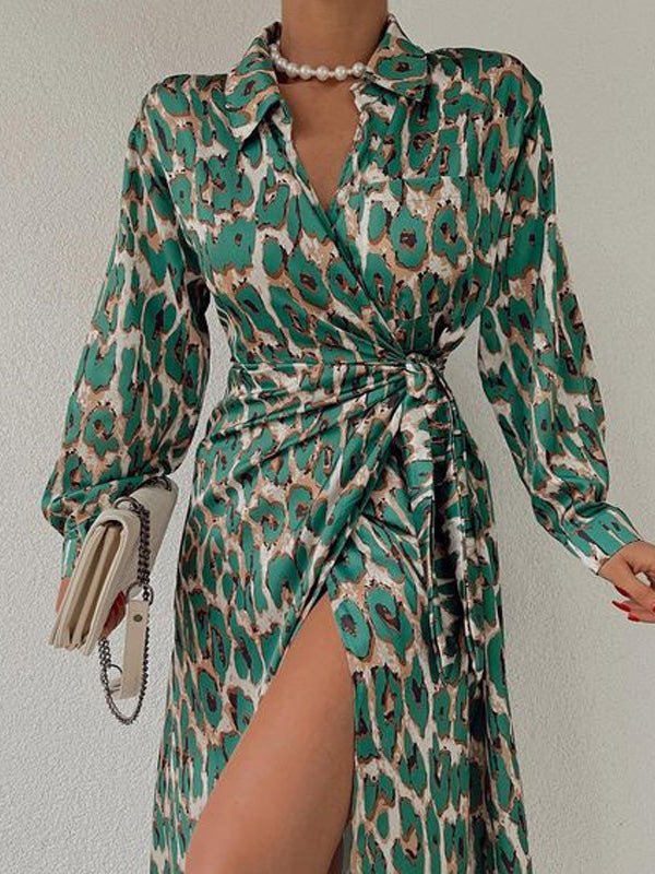 Women's Dresses Leopard Print Lapel Tie Long Sleeve Slit Dress - Midi Dresses - Instastyled | Online Fashion Free Shipping Clothing, Dresses, Tops, Shoes - 09/08/2022 - Color_Black - Color_Brown