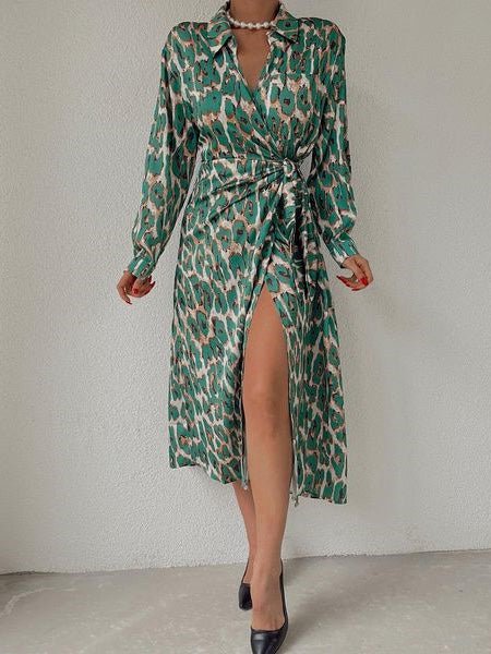 Women's Dresses Leopard Print Lapel Tie Long Sleeve Slit Dress - Midi Dresses - Instastyled | Online Fashion Free Shipping Clothing, Dresses, Tops, Shoes - 09/08/2022 - Color_Black - Color_Brown