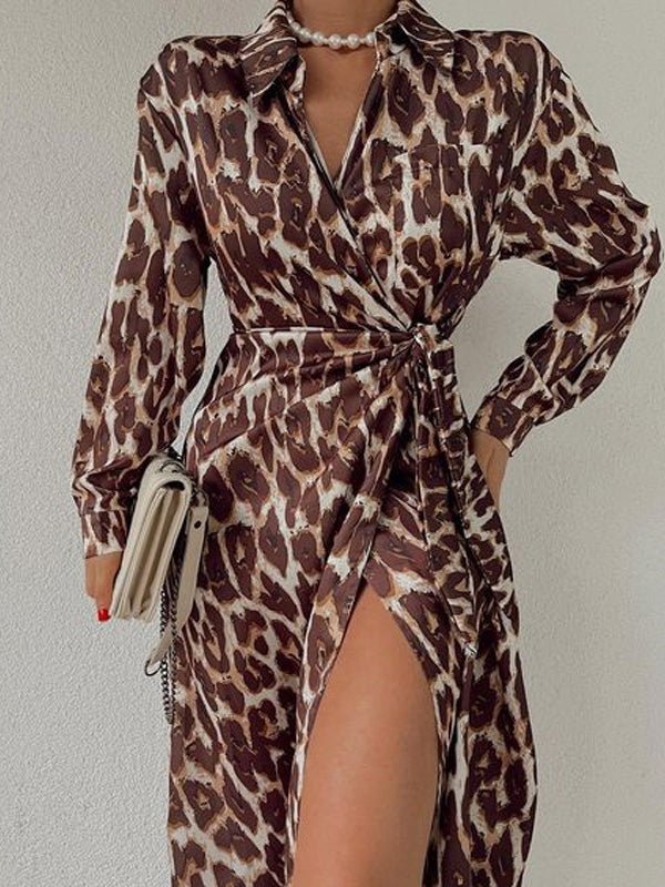 Women's Dresses Leopard Print Lapel Tie Long Sleeve Slit Dress - Midi Dresses - Instastyled | Online Fashion Free Shipping Clothing, Dresses, Tops, Shoes - 09/08/2022 - Color_Black - Color_Brown