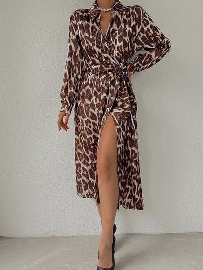 Women's Dresses Leopard Print Lapel Tie Long Sleeve Slit Dress - Midi Dresses - Instastyled | Online Fashion Free Shipping Clothing, Dresses, Tops, Shoes - 09/08/2022 - Color_Black - Color_Brown