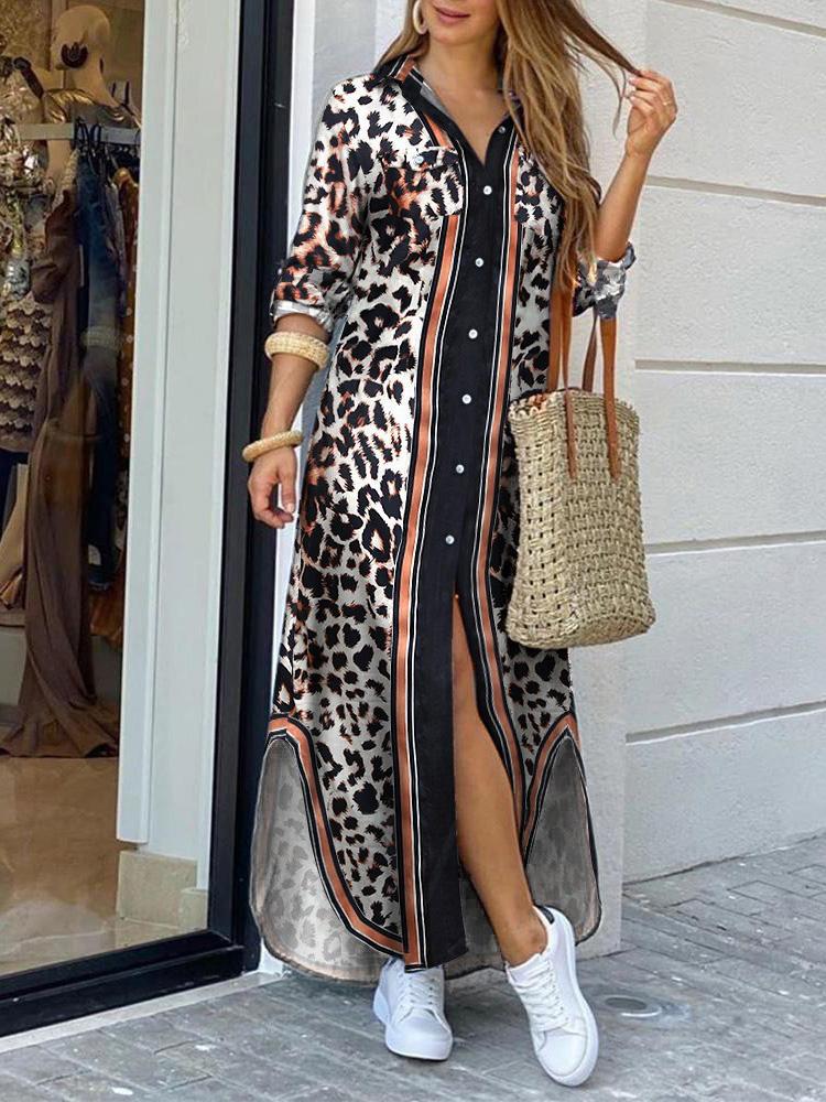 Women's Dresses Leopard Print Long Sleeve Shirt Dress - Maxi Dresses - INS | Online Fashion Free Shipping Clothing, Dresses, Tops, Shoes - 14/09/2021 - 30-40 - Category_Maxi Dresses