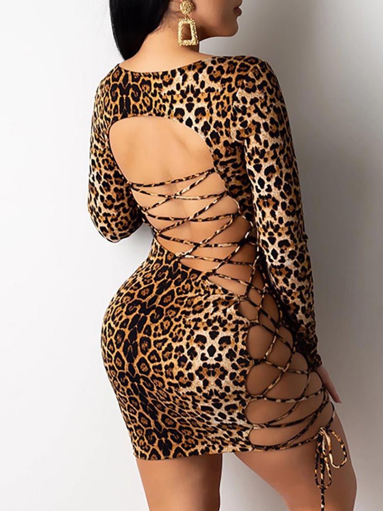 Women's Dresses Leopard Print Open Back Belted Long Sleeve Skinny Dress - Mini Dresses - Instastyled | Online Fashion Free Shipping Clothing, Dresses, Tops, Shoes - 06/01/2022 - 20-30 - Bodycon Dresses