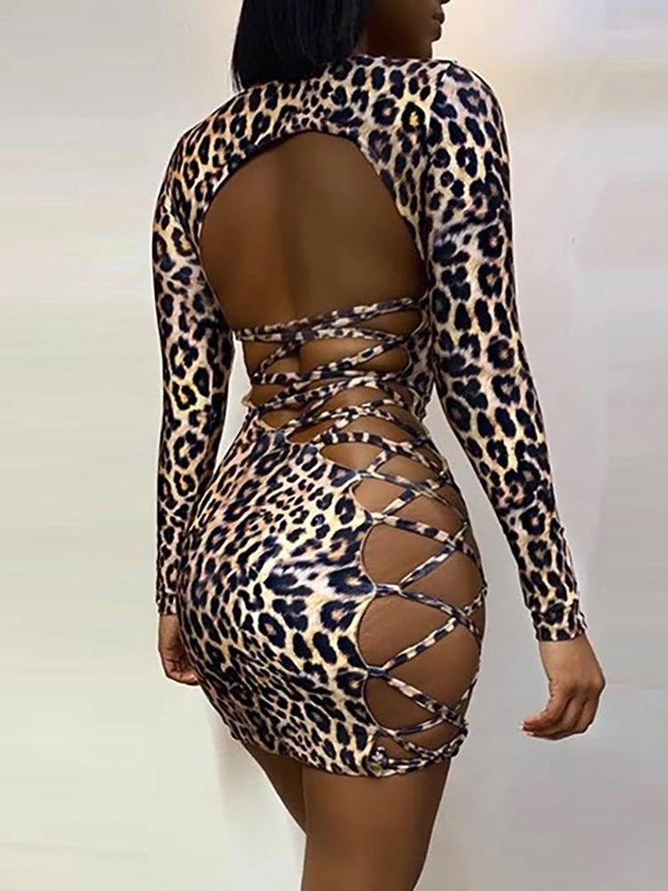 Women's Dresses Leopard Print Open Back Belted Long Sleeve Skinny Dress - Mini Dresses - Instastyled | Online Fashion Free Shipping Clothing, Dresses, Tops, Shoes - 06/01/2022 - 20-30 - Bodycon Dresses