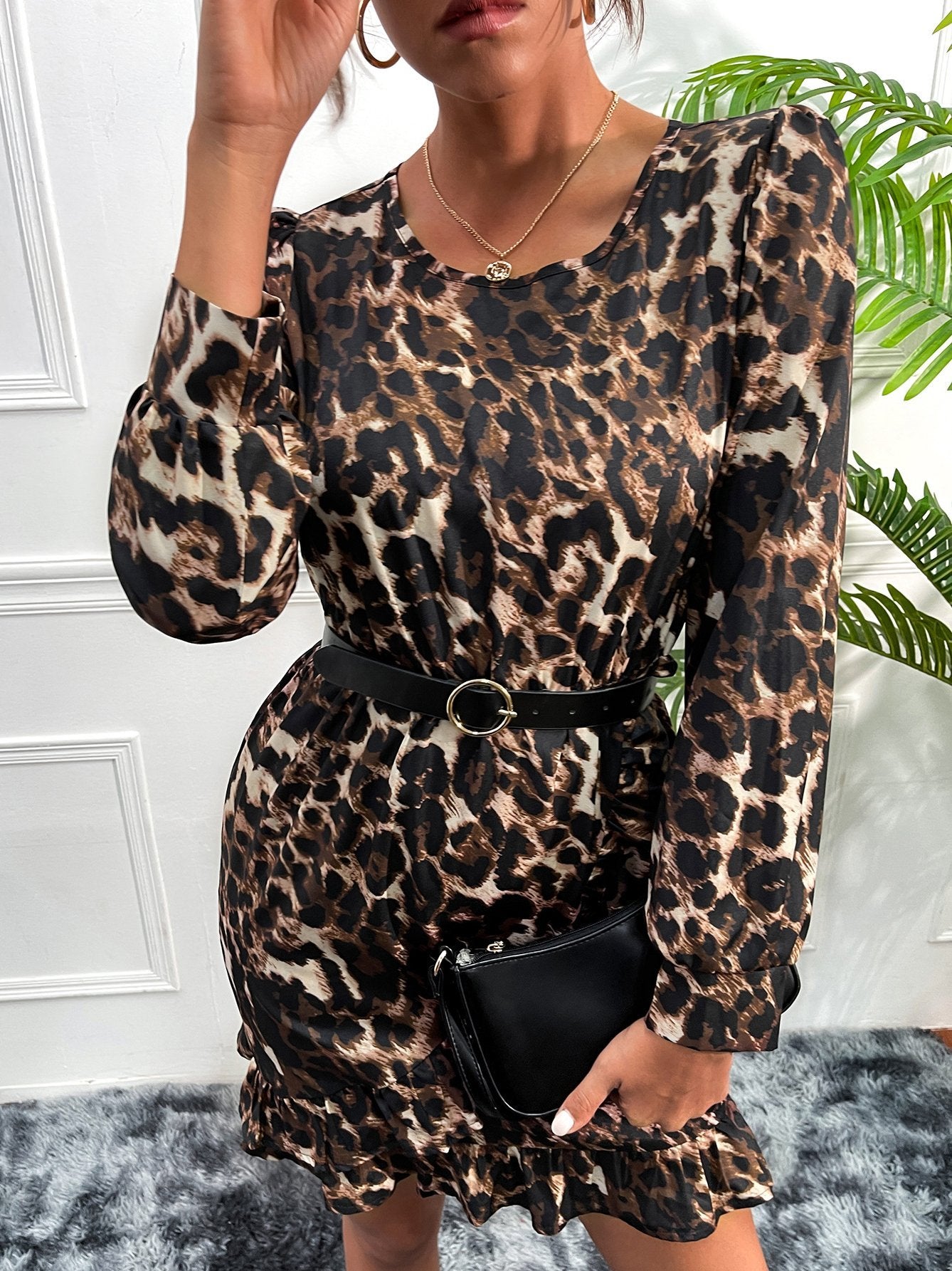 Women's Dresses Leopard Print Ruffled Long Sleeve Dress - Mini Dresses - INS | Online Fashion Free Shipping Clothing, Dresses, Tops, Shoes - 20/11/2021 - Color_Brown - DRE2111202928