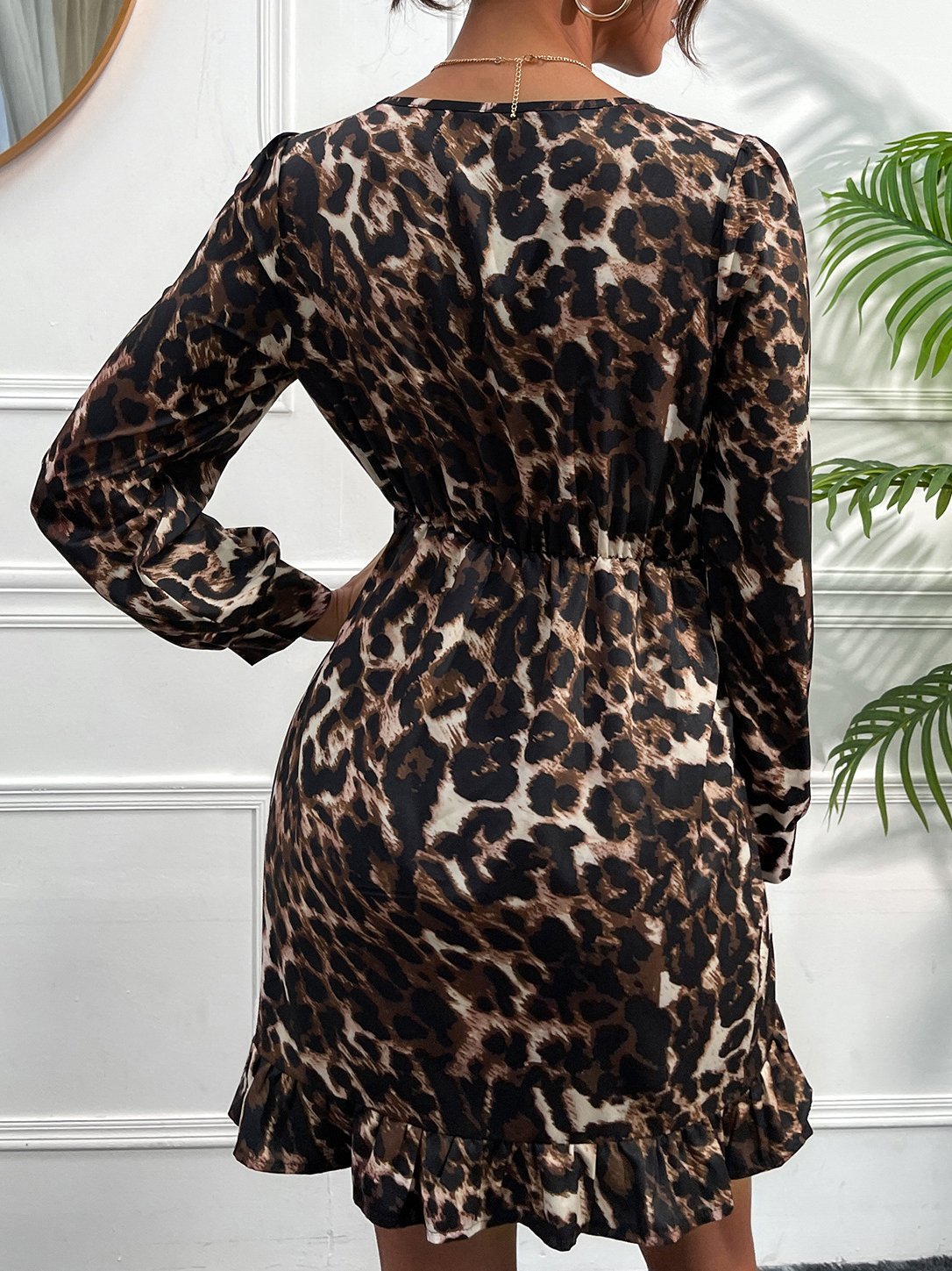 Women's Dresses Leopard Print Ruffled Long Sleeve Dress - Mini Dresses - INS | Online Fashion Free Shipping Clothing, Dresses, Tops, Shoes - 20/11/2021 - Color_Brown - DRE2111202928