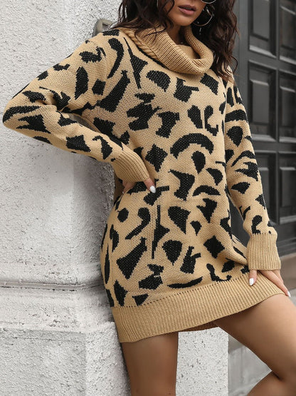 Women's Dresses Leopard Print Turtleneck Long Sleeve Knit Dress - Mini Dresses - Instastyled | Online Fashion Free Shipping Clothing, Dresses, Tops, Shoes - 28/09/2022 - 40-50 - color-black