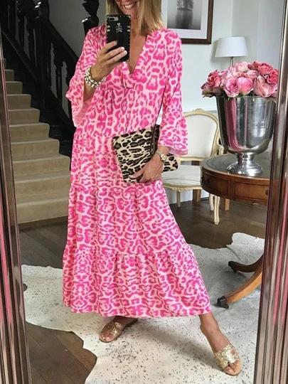 Women's Dresses Leopard Print V-Neck Long Sleeve Dress - Maxi Dresses - INS | Online Fashion Free Shipping Clothing, Dresses, Tops, Shoes - 11/11/2021 - 30-40 - color-pink