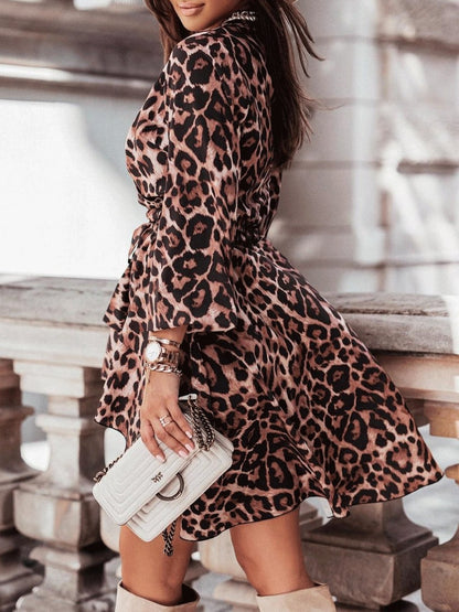 Women's Dresses Leopard Print V-Neck Long Sleeve Mini Dress - Mini Dresses - INS | Online Fashion Free Shipping Clothing, Dresses, Tops, Shoes - 28/09/2021 - Color_White - DRE2109282694