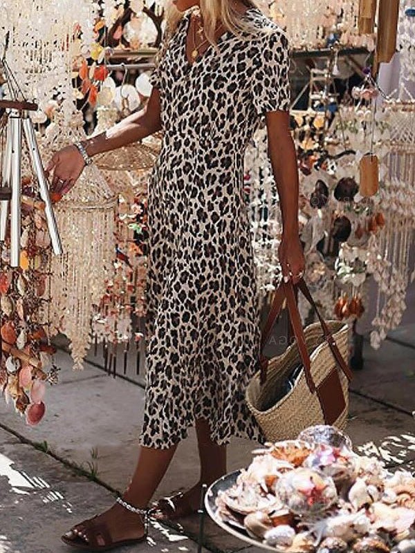 Maxi Dresses - Leopard Print V-Neck Short Sleeve Dress - MsDressly