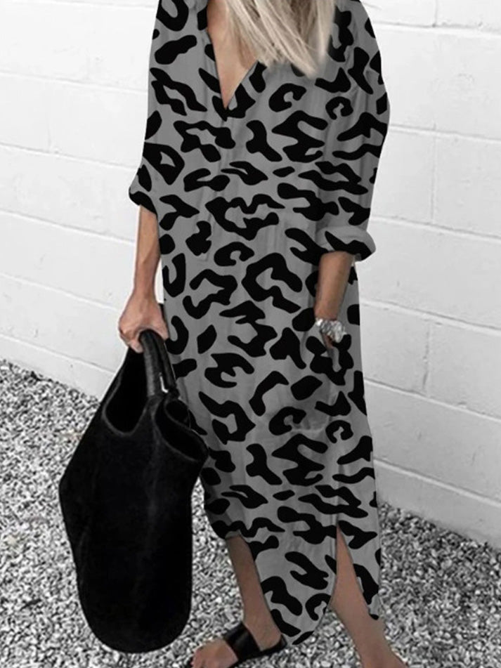 Maxi Dresses - Leopard Print V-Neck Split Long Sleeve Dress - MsDressly