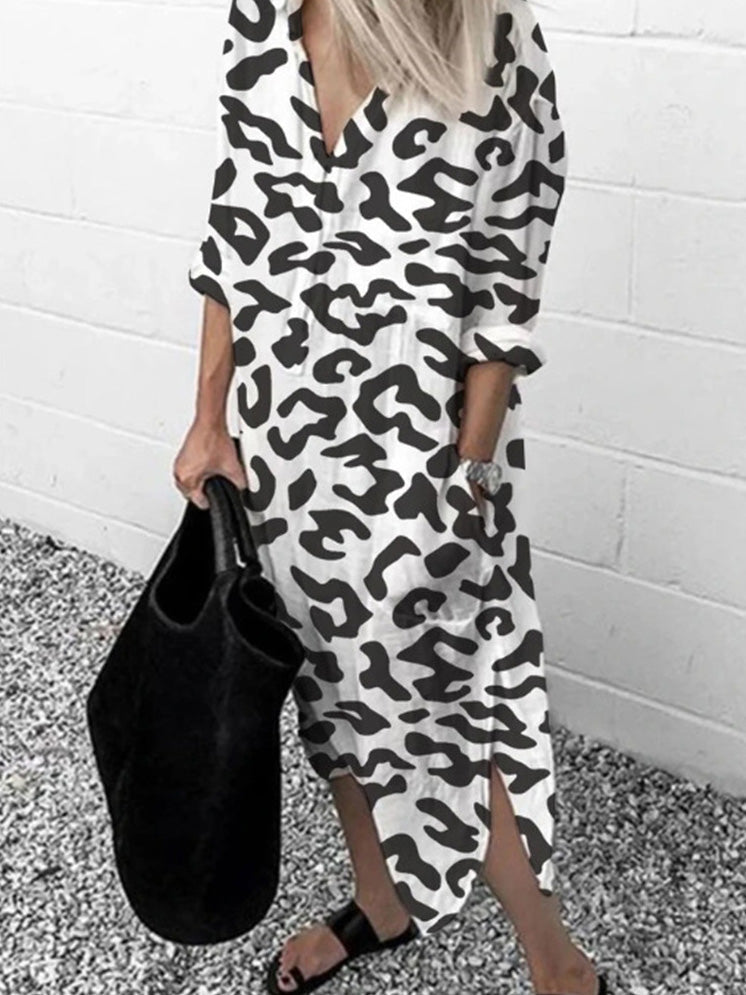 Maxi Dresses - Leopard Print V-Neck Split Long Sleeve Dress - MsDressly