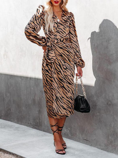 Women's Dresses Leopard Print V-Neck Tie Long Sleeve Dress - Maxi Dresses - INS | Online Fashion Free Shipping Clothing, Dresses, Tops, Shoes - 25/10/2021 - 30-40 - color-khaki