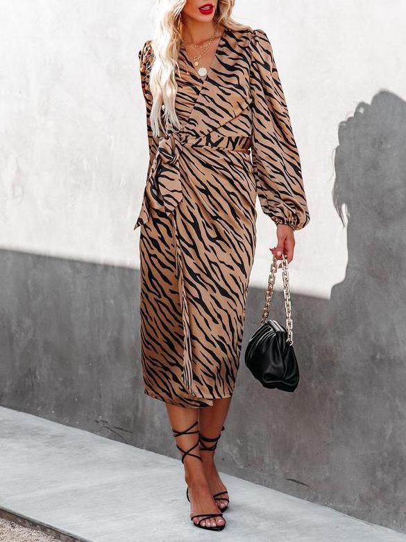 Women's Dresses Leopard Print V-Neck Tie Long Sleeve Dress - Maxi Dresses - INS | Online Fashion Free Shipping Clothing, Dresses, Tops, Shoes - 25/10/2021 - 30-40 - color-khaki