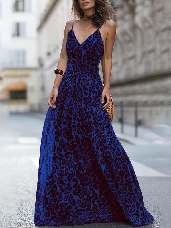 Women's Dresses Leopard V-Neck Sling Bare Back Dress - Maxi Dresses - Instastyled | Online Fashion Free Shipping Clothing, Dresses, Tops, Shoes - 17/05/2022 - 30-40 - color-blue