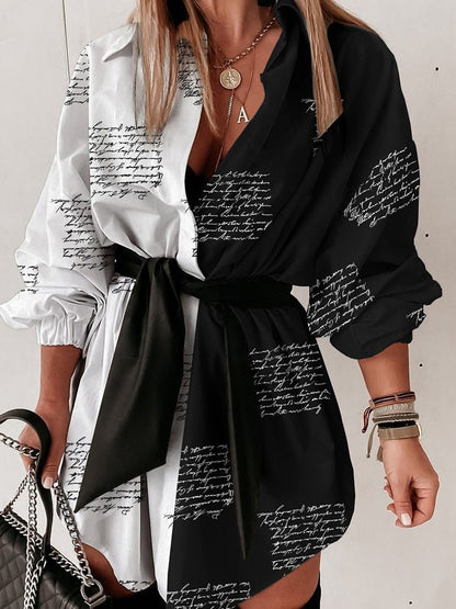 Women's Dresses Letter Print Belted Long Sleeve Shirt Dress - Mini Dresses - Instastyled | Online Fashion Free Shipping Clothing, Dresses, Tops, Shoes - 02/03/2022 - 30-40 - color-black