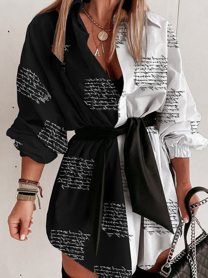 Women's Dresses Letter Print Belted Long Sleeve Shirt Dress - Mini Dresses - Instastyled | Online Fashion Free Shipping Clothing, Dresses, Tops, Shoes - 02/03/2022 - 30-40 - color-black