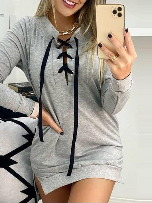 Women's Dresses Long Sleeve Lace-Up Pocket Slit Dress - Mini Dresses - INS | Online Fashion Free Shipping Clothing, Dresses, Tops, Shoes - 08/09/2021 - 20-30 - Category_Mini Dresses