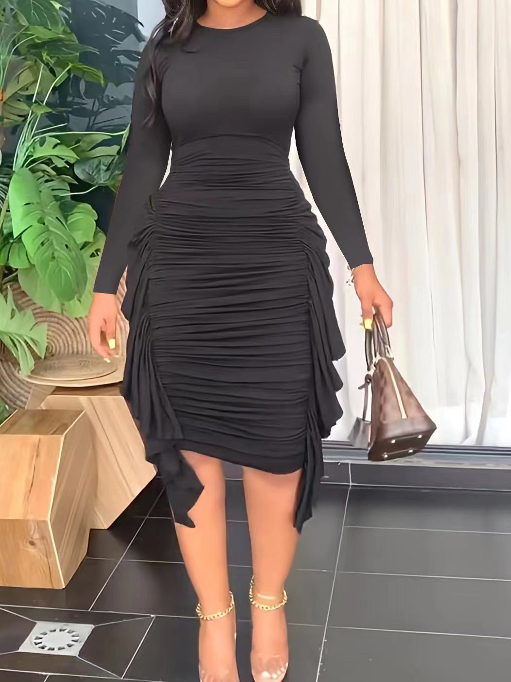 Women's Dresses Long Sleeve Pleated Irregular Ruffle Dress - Midi Dresses - Instastyled | Online Fashion Free Shipping Clothing, Dresses, Tops, Shoes - 25/08/2022 - Casual Dresses - Color_Black