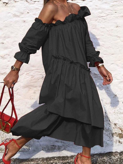 Women's Dresses Loose Boat Neck Long Sleeve Irregular Dress - Midi Dresses - INS | Online Fashion Free Shipping Clothing, Dresses, Tops, Shoes - 27/09/2021 - Casual Dresses - Color_Black