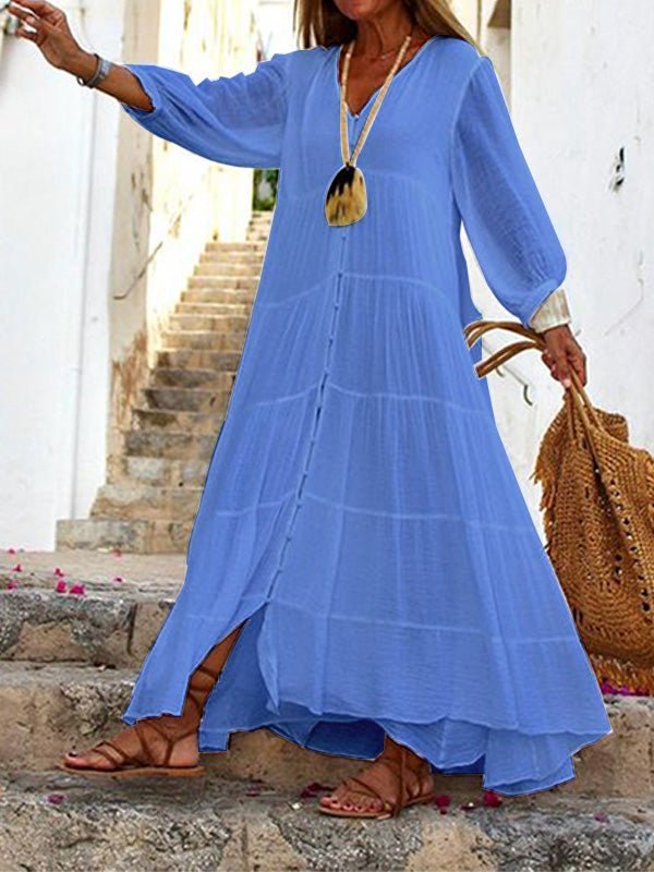 Women's Dresses Loose Boho Solid V-Neck Long Sleeve Dress - Maxi Dresses - Instastyled | Online Fashion Free Shipping Clothing, Dresses, Tops, Shoes - 29/03/2022 - Casual Dresses - Color_Blue