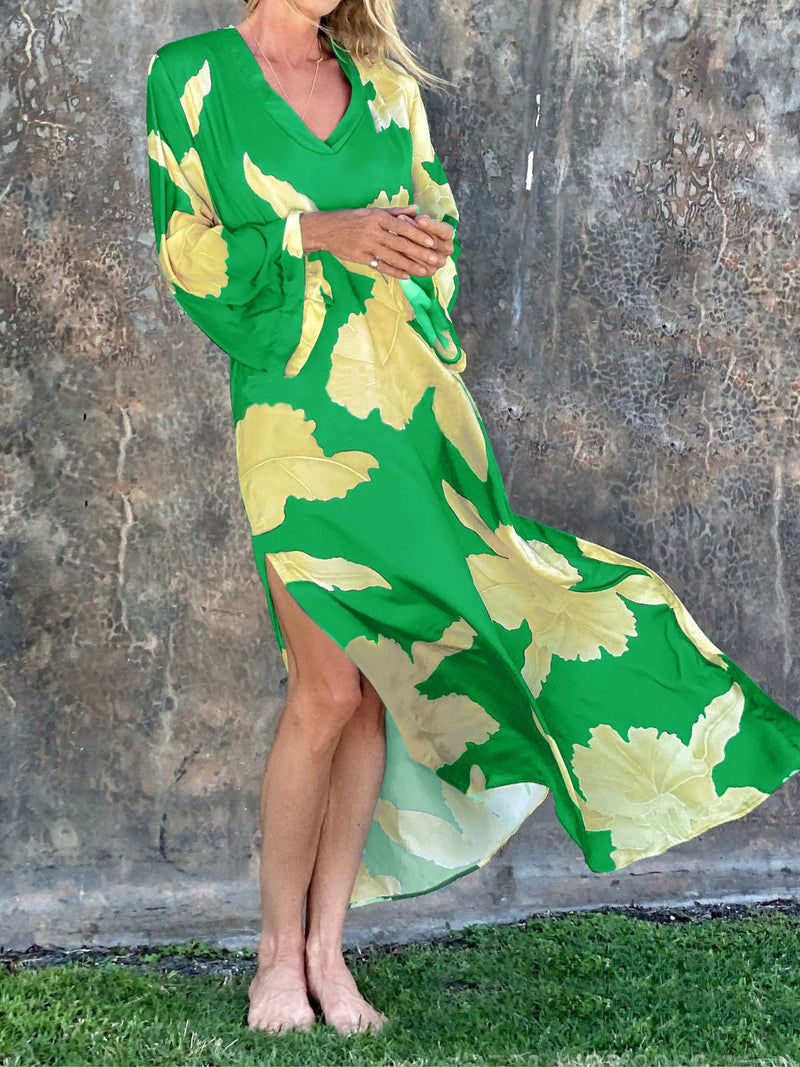 Women's Dresses Loose Floral V-Neck Long Sleeve Split Dress - Maxi Dresses - Instastyled | Online Fashion Free Shipping Clothing, Dresses, Tops, Shoes - 06/01/2022 - 30-40 - Casual Dresses