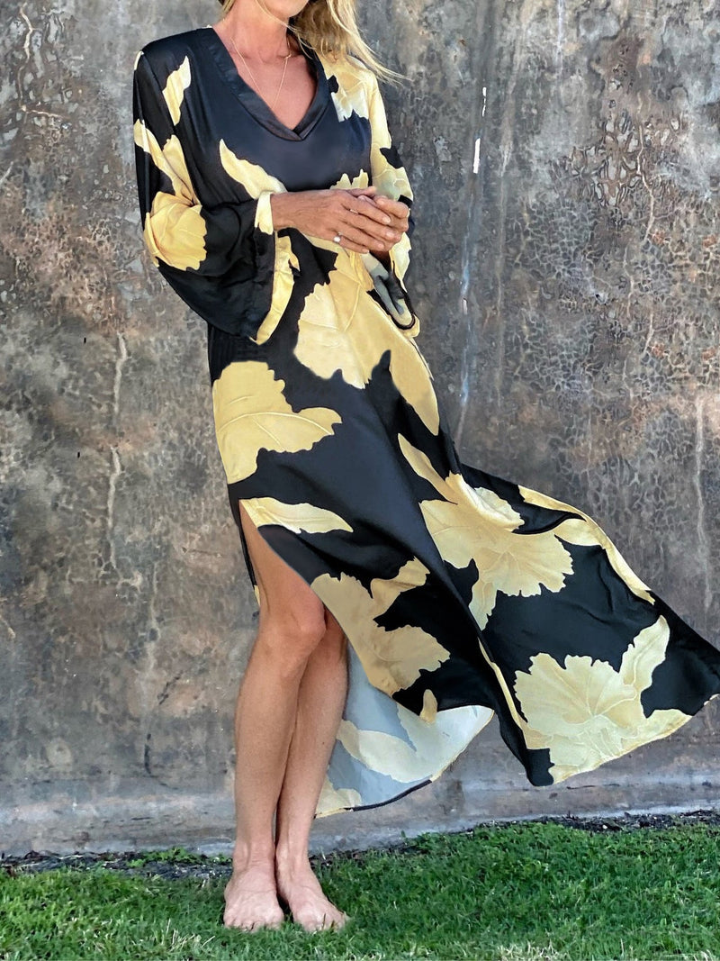 Women's Dresses Loose Floral V-Neck Long Sleeve Split Dress - Maxi Dresses - Instastyled | Online Fashion Free Shipping Clothing, Dresses, Tops, Shoes - 06/01/2022 - 30-40 - Casual Dresses