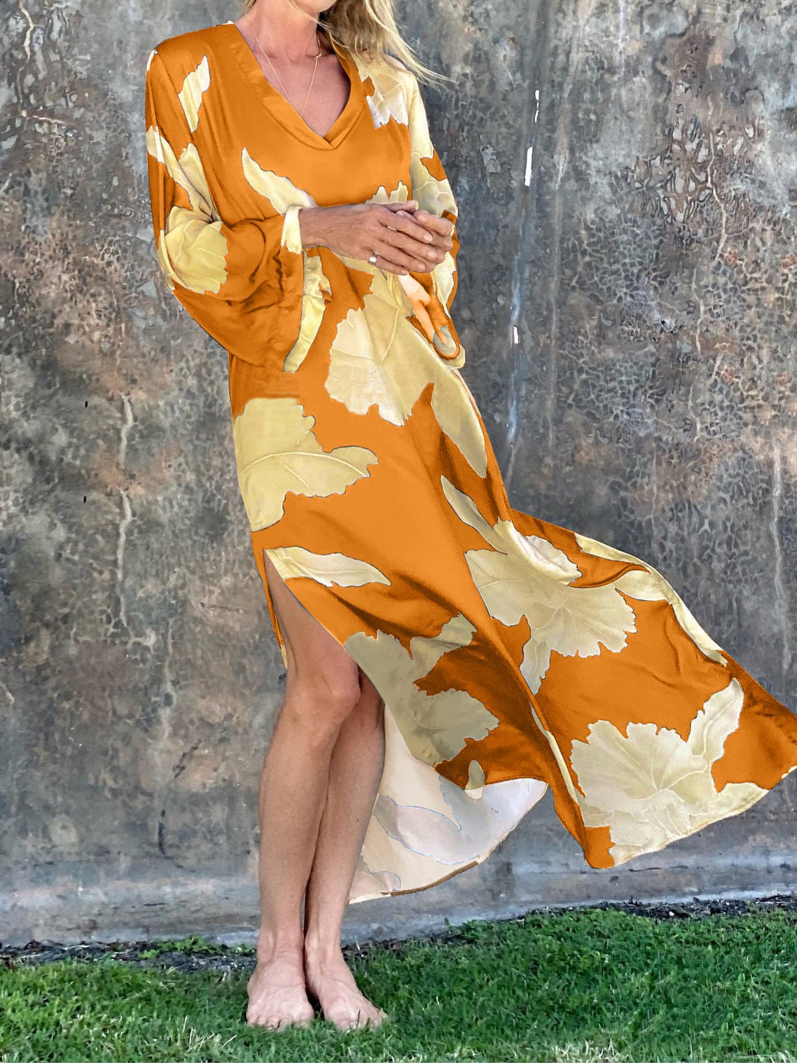 Women's Dresses Loose Floral V-Neck Long Sleeve Split Dress - Maxi Dresses - Instastyled | Online Fashion Free Shipping Clothing, Dresses, Tops, Shoes - 06/01/2022 - 30-40 - Casual Dresses