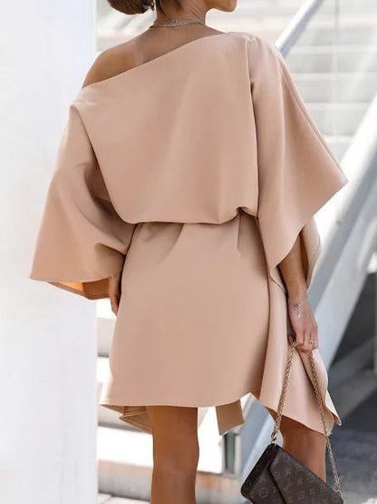 Women's Dresses Loose Off-Shoulder Belted Doll Sleeve Dress - Mini Dresses - Instastyled | Online Fashion Free Shipping Clothing, Dresses, Tops, Shoes - 27/05/2022 - Casual Dresses - Color_Apricot