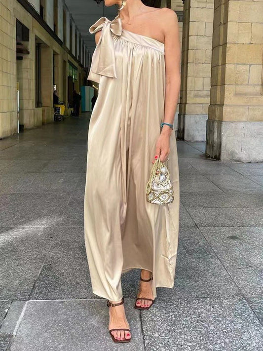 Women's Dresses Loose One-Shoulder Lace-Up Bow Dress - Maxi Dresses - Instastyled | Online Fashion Free Shipping Clothing, Dresses, Tops, Shoes - 05/08/2022 - Casual Dresses - Champagne