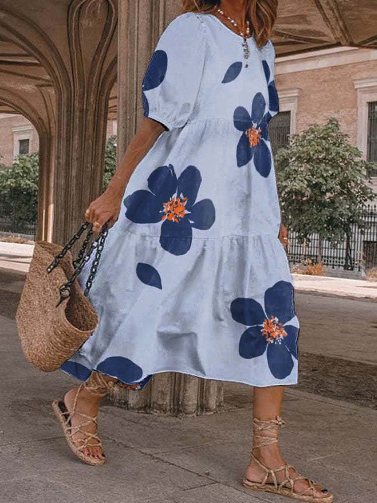 Women's Dresses Loose Printed Mid-Sleeve Dress - Maxi Dresses - Instastyled | Online Fashion Free Shipping Clothing, Dresses, Tops, Shoes - 13/05/2022 - Casual Dresses - Color_Blue