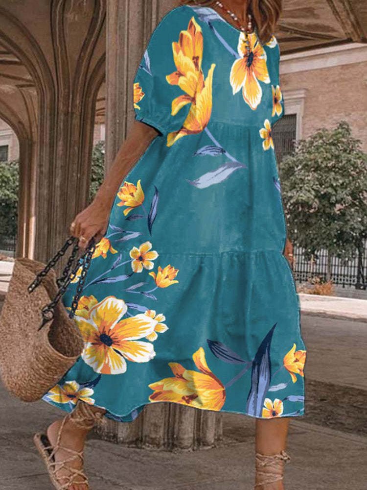 Women's Dresses Loose Printed Mid-Sleeve Dress - Maxi Dresses - Instastyled | Online Fashion Free Shipping Clothing, Dresses, Tops, Shoes - 13/05/2022 - Casual Dresses - Color_Blue