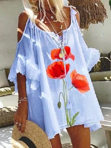 Women's Dresses Loose Printed Off-the-Shoulder Belted Dress - Mini Dresses - Instastyled | Online Fashion Free Shipping Clothing, Dresses, Tops, Shoes - 18/02/2022 - 30-40 - Casual Dresses