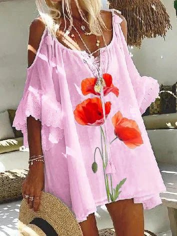 Women's Dresses Loose Printed Off-the-Shoulder Belted Dress - Mini Dresses - Instastyled | Online Fashion Free Shipping Clothing, Dresses, Tops, Shoes - 18/02/2022 - 30-40 - Casual Dresses