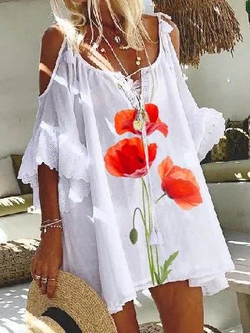 Women's Dresses Loose Printed Off-the-Shoulder Belted Dress - Mini Dresses - Instastyled | Online Fashion Free Shipping Clothing, Dresses, Tops, Shoes - 18/02/2022 - 30-40 - Casual Dresses