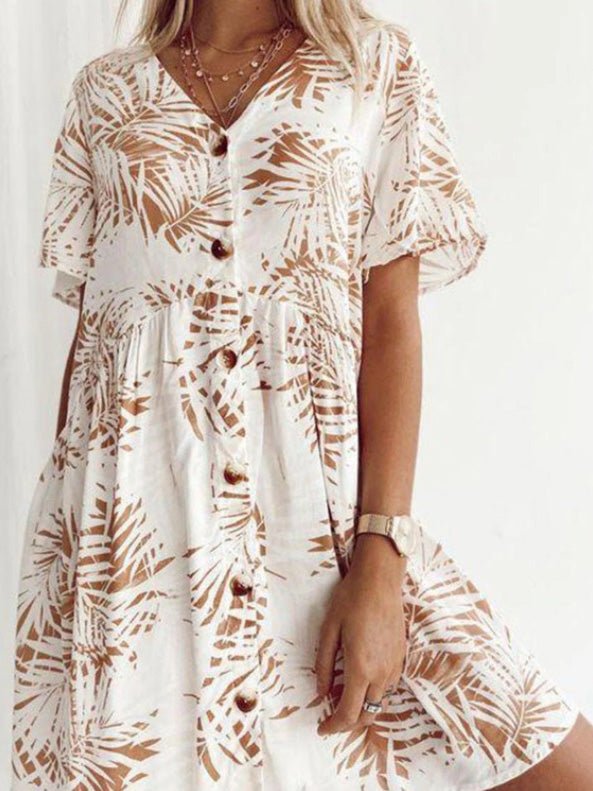 Women's Dresses Loose Printed V-Neck Button Short Sleeve Dress - Mini Dresses - Instastyled | Online Fashion Free Shipping Clothing, Dresses, Tops, Shoes - 20-30 - 20/05/2022 - Casual Dresses