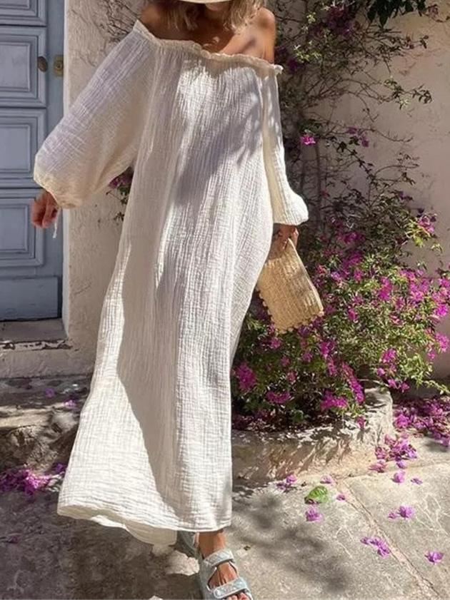Women's Dresses Loose Ruffled One-Shoulder Lantern Sleeve Dress - Maxi Dresses - INS | Online Fashion Free Shipping Clothing, Dresses, Tops, Shoes - 27/09/2021 - Color_Beige - DRE2109272676