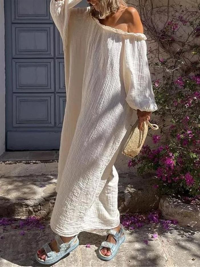 Women's Dresses Loose Ruffled One-Shoulder Lantern Sleeve Dress - Maxi Dresses - INS | Online Fashion Free Shipping Clothing, Dresses, Tops, Shoes - 27/09/2021 - Color_Beige - DRE2109272676