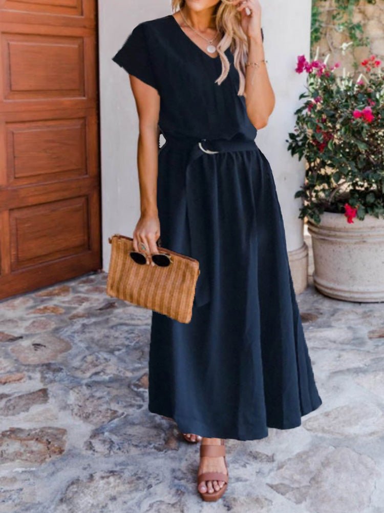 Women's Dresses Loose Solid Belt Short Sleeve Dress - Maxi Dresses - Instastyled | Online Fashion Free Shipping Clothing, Dresses, Tops, Shoes - 22/06/2022 - 30-40 - Casual Dresses