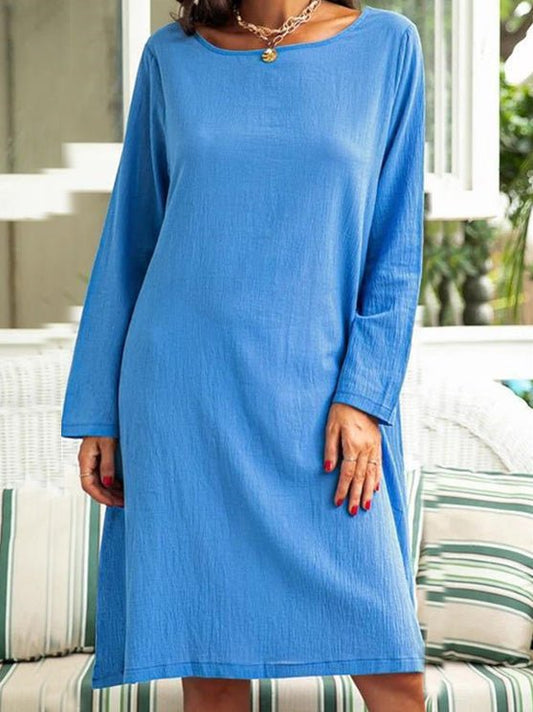 Women's Dresses Loose Solid Round Neck Long Sleeve Dress - Mini Dresses - Instastyled | Online Fashion Free Shipping Clothing, Dresses, Tops, Shoes - 11/10/2022 - Color_Blue - Color_Coffee