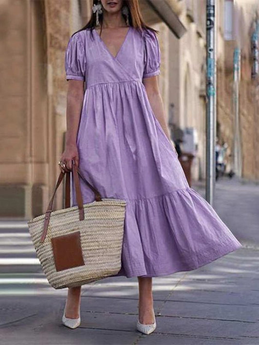 Women's Dresses Loose Solid V-Neck Short Sleeve Dress - Maxi Dresses - Instastyled | Online Fashion Free Shipping Clothing, Dresses, Tops, Shoes - 18/07/2022 - 30-40 - casual-dresses