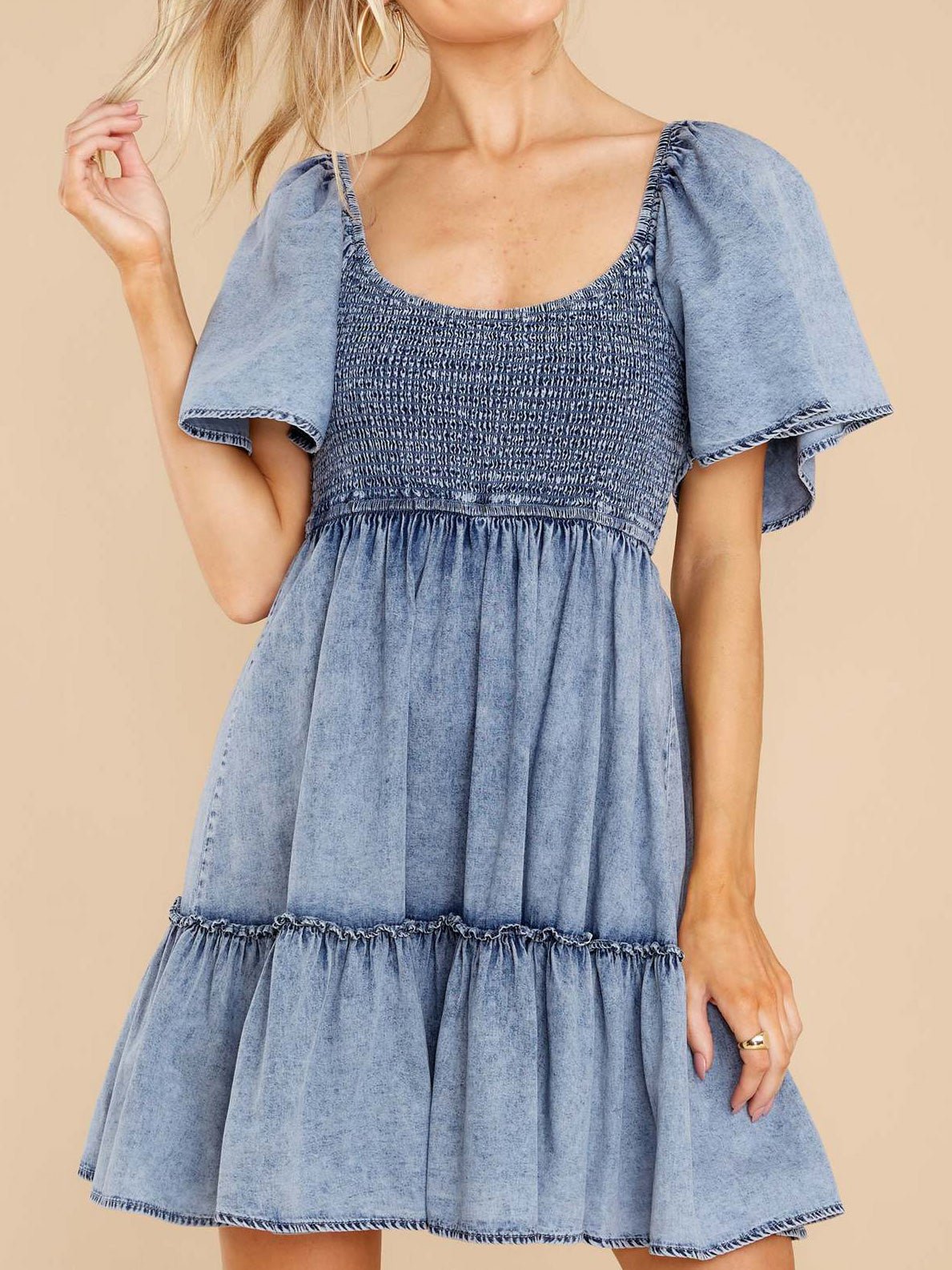 Women's Dresses Loose Square Neck Short Sleeve Denim Dress - Mini Dresses - Instastyled | Online Fashion Free Shipping Clothing, Dresses, Tops, Shoes - 30/03/2022 - Color_Blue - DRE2203303883