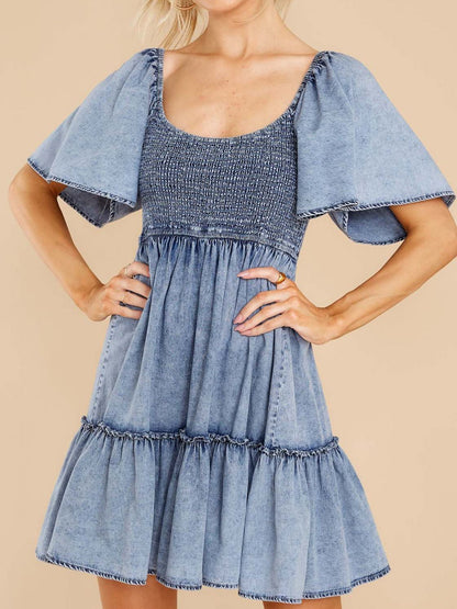 Women's Dresses Loose Square Neck Short Sleeve Denim Dress - Mini Dresses - Instastyled | Online Fashion Free Shipping Clothing, Dresses, Tops, Shoes - 30/03/2022 - Color_Blue - DRE2203303883