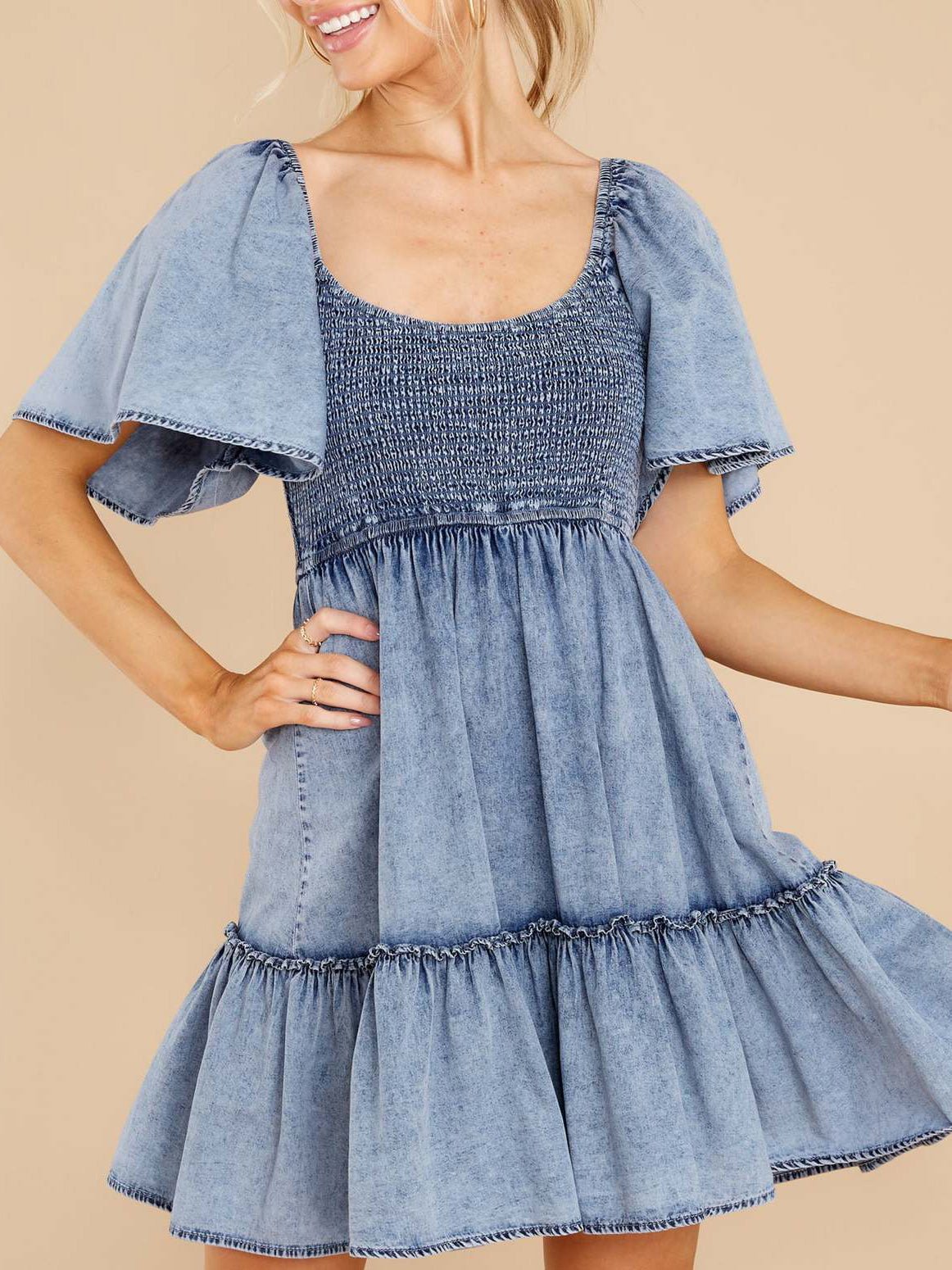 Women's Dresses Loose Square Neck Short Sleeve Denim Dress - Mini Dresses - Instastyled | Online Fashion Free Shipping Clothing, Dresses, Tops, Shoes - 30/03/2022 - Color_Blue - DRE2203303883