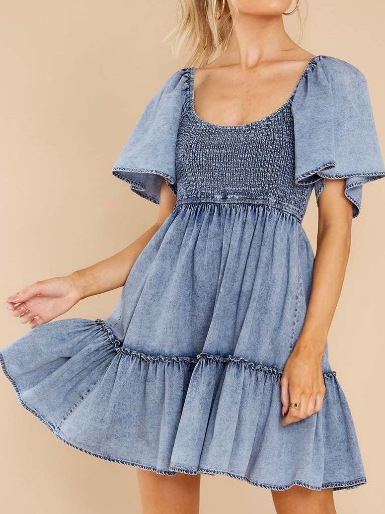 Women's Dresses Loose Square Neck Short Sleeve Denim Dress - Mini Dresses - Instastyled | Online Fashion Free Shipping Clothing, Dresses, Tops, Shoes - 30/03/2022 - Color_Blue - DRE2203303883
