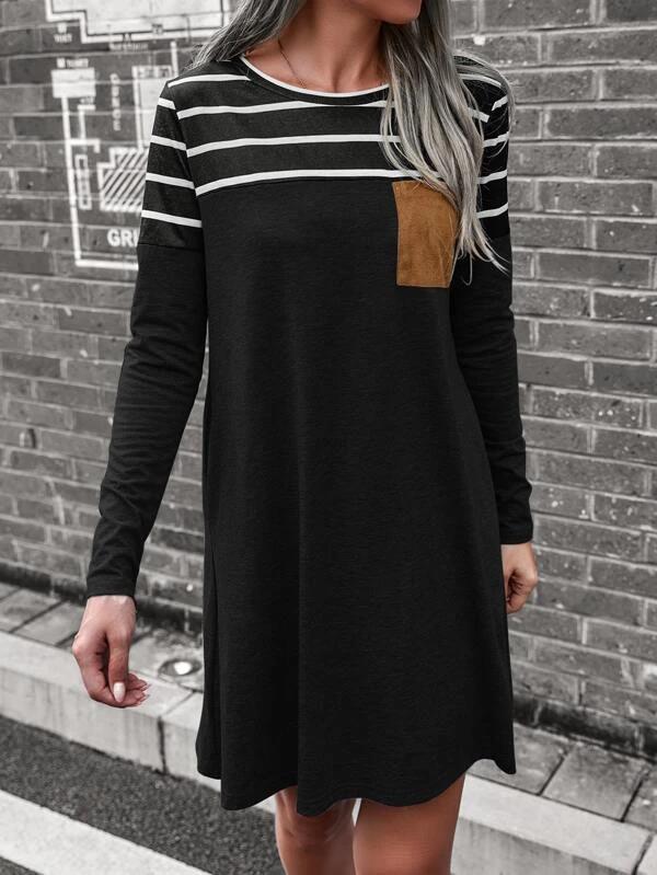 Women's Dresses Loose Striped Pocket Panel Long Sleeve Dress - Mini Dresses - Instastyled | Online Fashion Free Shipping Clothing, Dresses, Tops, Shoes - 15/09/2022 - Casual Dresses - Color_Black