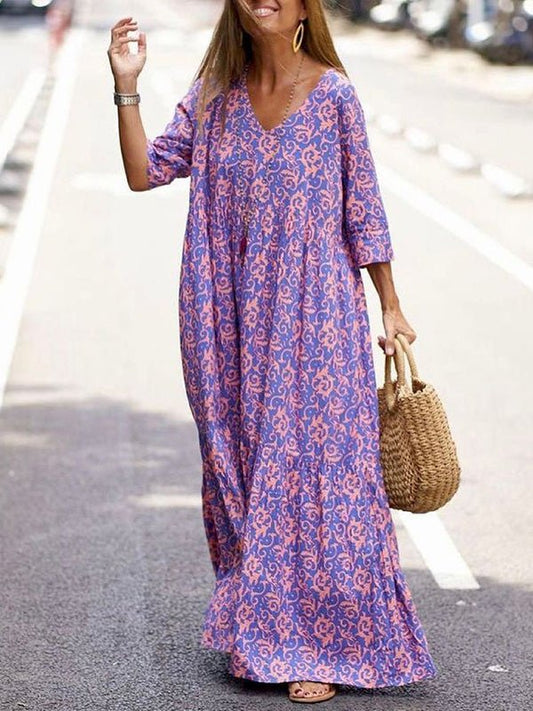 Women's Dresses Loose V-Neck 3/4 Sleeve Print Dress - Maxi Dresses - Instastyled | Online Fashion Free Shipping Clothing, Dresses, Tops, Shoes - 16/09/2022 - Casual Dresses - Color_Multicolor