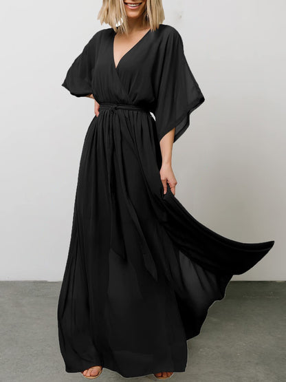 Women's Dresses Loose V-Neck Lace-Up Slit Chiffon Dress - Maxi Dresses - Instastyled | Online Fashion Free Shipping Clothing, Dresses, Tops, Shoes - 24/06/2022 - Casual Dresses - Color_Black