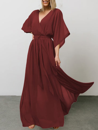 Women's Dresses Loose V-Neck Lace-Up Slit Chiffon Dress - Maxi Dresses - Instastyled | Online Fashion Free Shipping Clothing, Dresses, Tops, Shoes - 24/06/2022 - Casual Dresses - Color_Black